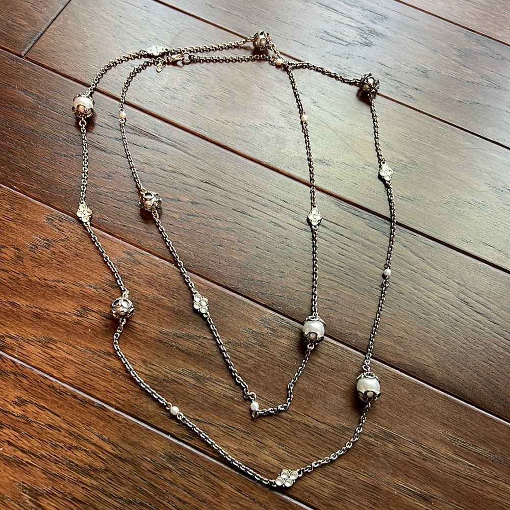 Silver tone bead and pearl link chain long minimalist necklace